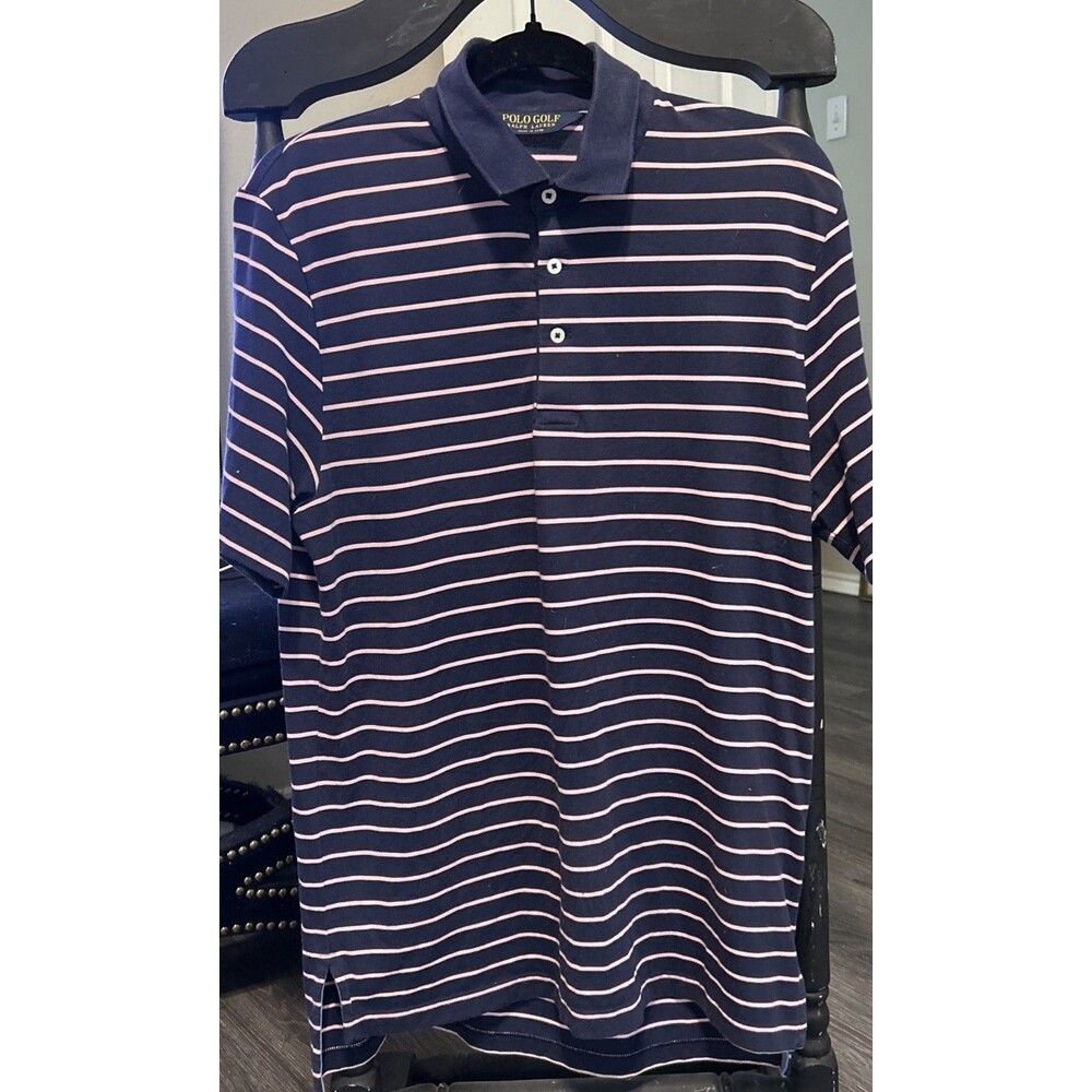 Polo Golf Ralph Lauren Mens Small Pima Cotton Navy Blue Pink Stripe Preppy